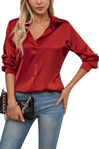 Elegant Satin Red Button Up Shirt for Women Sexy Oxford Collared Long Sleeve Blouse Work Top (Small, Red) | Amazon (US)