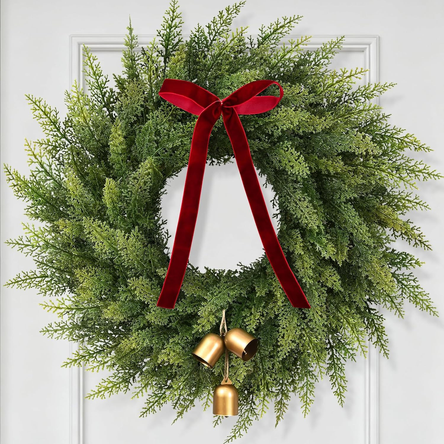 24" Realistic Christmas Wreath with Bow Bell, Real Touch Cedar Wreath | Amazon (US)