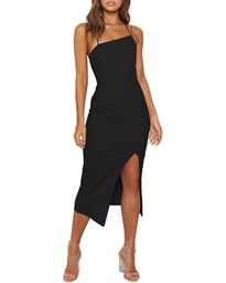 LYANER Women's Spaghetti Straps Split Hem Sleeveless Zipper Bodycon Midi Dress | Amazon (US)