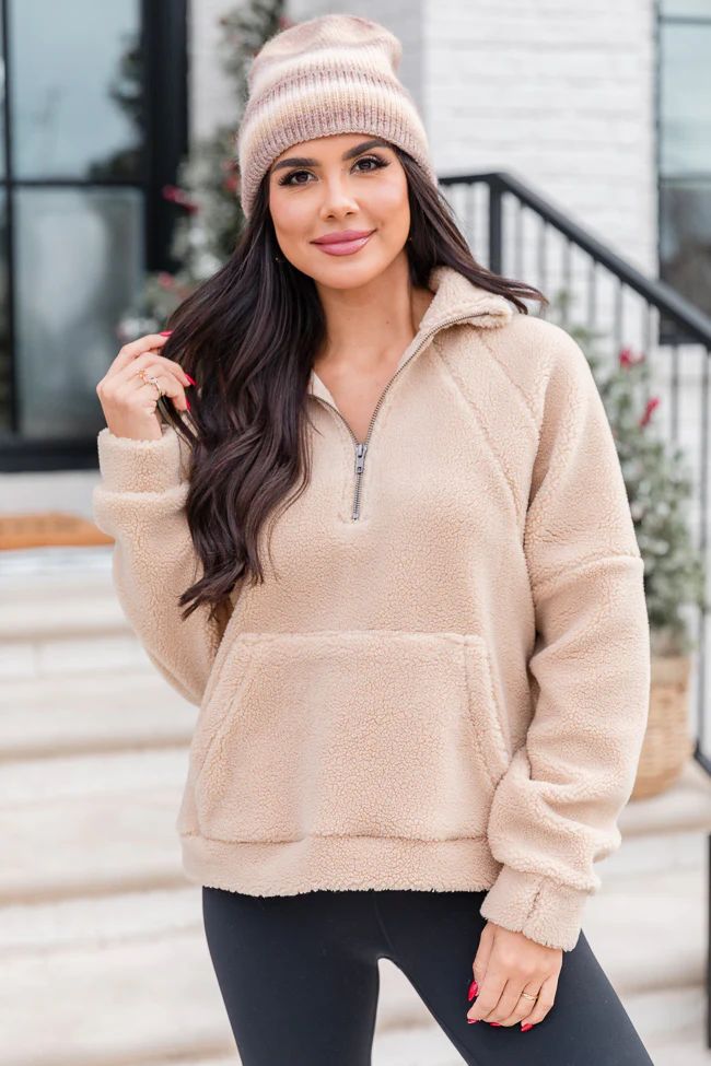 It Starts Now Tan Sherpa Quarter Zip Pullover | Pink Lily