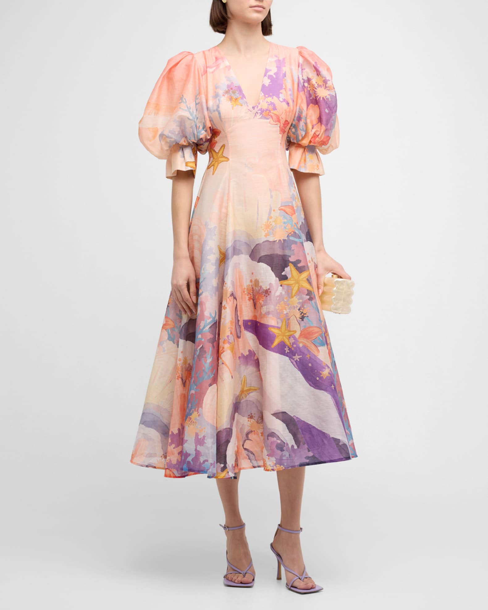Lara Puff-Sleeve Coral-Print Maxi Dress | Neiman Marcus