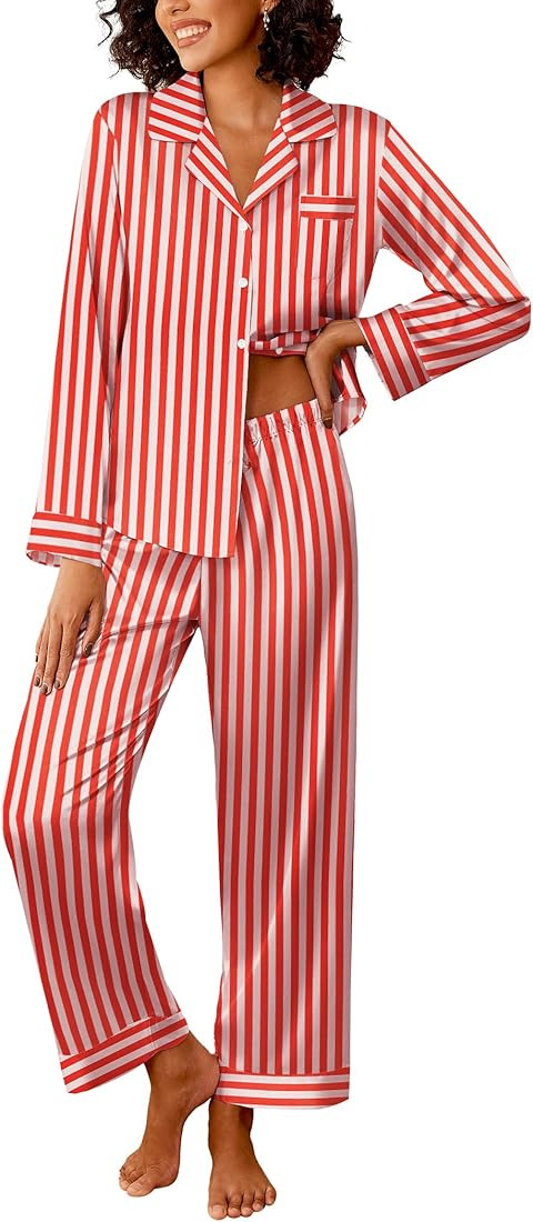 Ekouaer Womens Silk Satin Pajama Sets 2 Piece Sleepwear Pjs Set Long Sleeve Button Down Top and P... | Amazon (US)