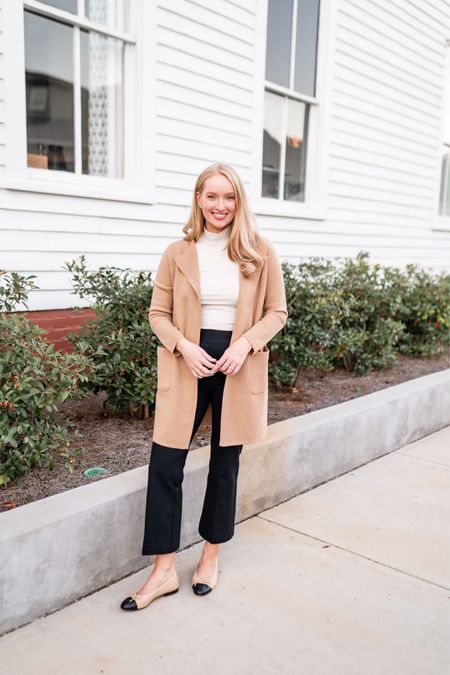 These cropped flare pants can be styled for a business casual look. Layer a coatigan from J.Crew over a fitted turtleneck. Then complete the look with Chanel flats. 

#LTKstyletip #LTKworkwear #LTKshoecrush