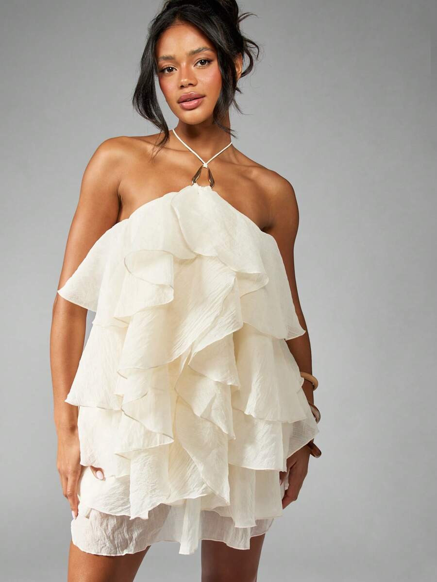MISSGUIDED Ruffle Tiered Halter Neck Mini Dress Wedding Guest Party Summer Special Occasion Layer... | SHEIN