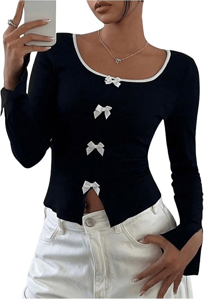Milumia Women's Color Block Bow Knot Long Sleeve Shirt Top Scoop Neck Y2K Going Out T Shirt | Amazon (US)