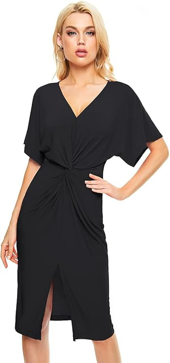 FVluolo Classic Twist Knot Front Split Dress Women's V Neck Short Sleeve Midi Dress | Amazon (US)