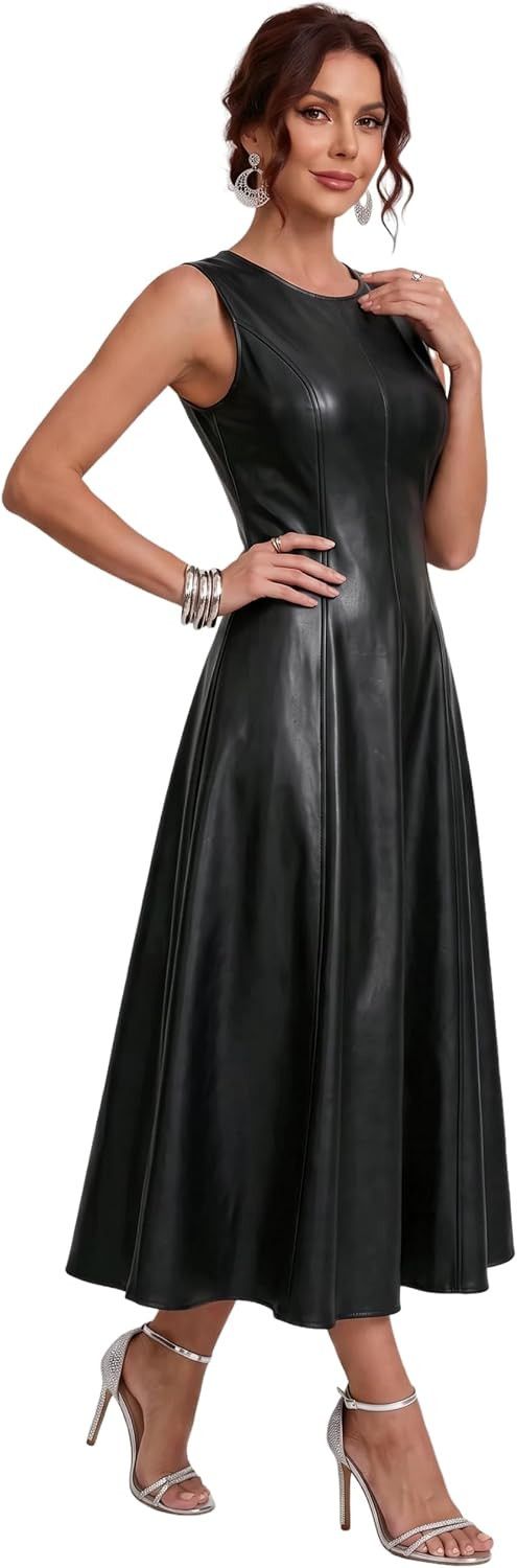 Qiaomai Women's Faux Leather Sleeveless Round Neck A Line Flare Long Dress | Amazon (US)