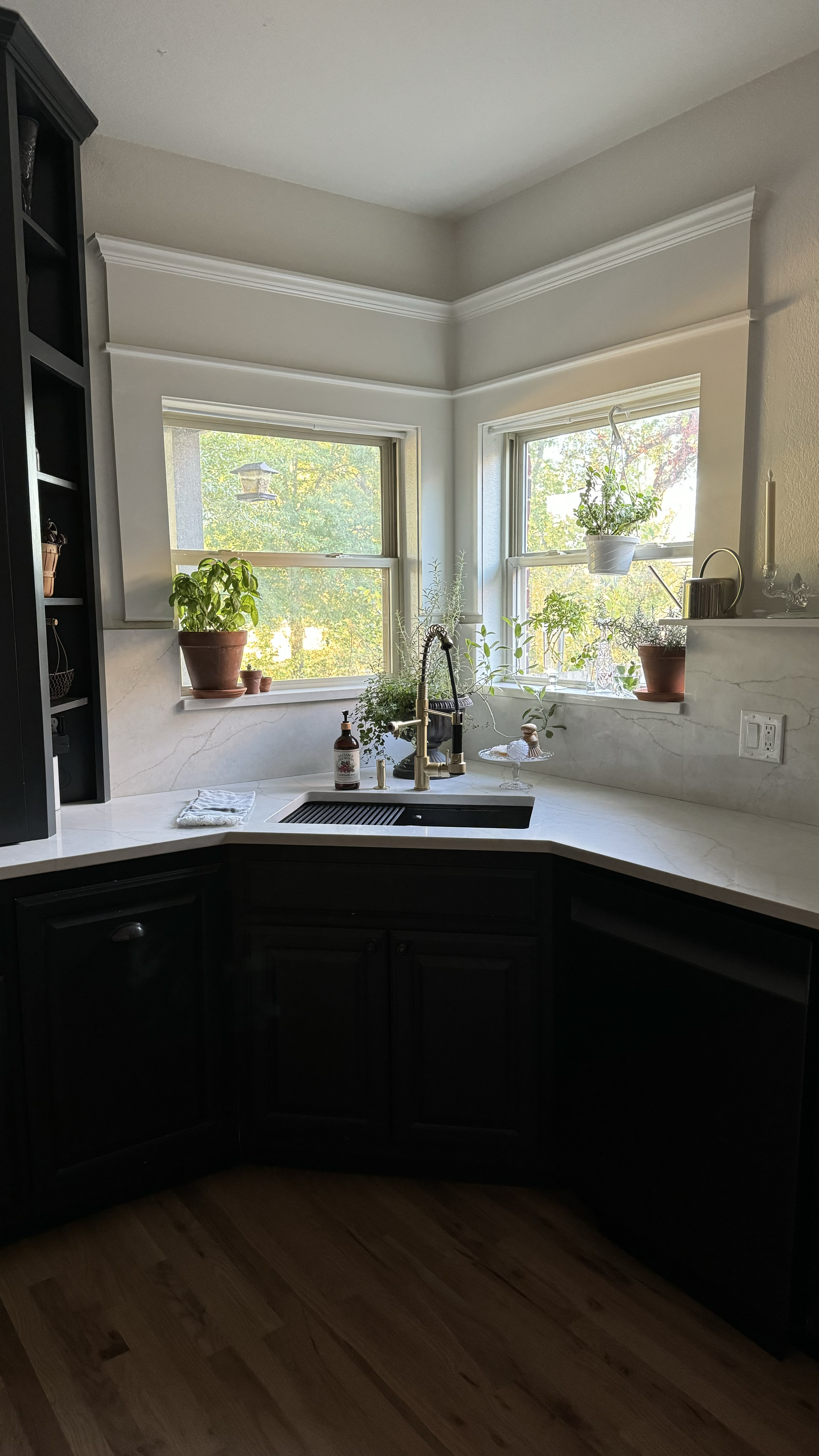 Kitchen corner sink, brass gold kitchen faucet, deep blue cabinets, terracotta pots, indoor herbs🪴