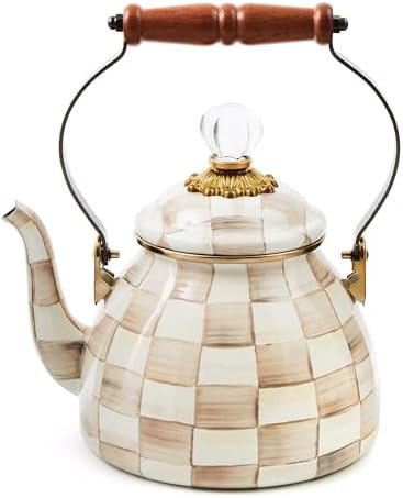 MACKENZIE-CHILDS Enamel Tea Kettle, Stylish Tea Kettle for Stovetop, Brown-and-White Mocha Check,... | Amazon (US)