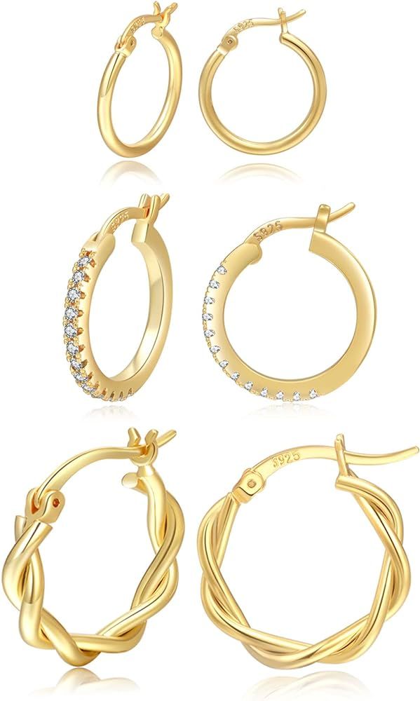 PABBEU Gold Hoop Earrings for Women Sterling Silver Post Small Gold Hoop Earrings 14k Real Gold Tiny | Amazon (US)