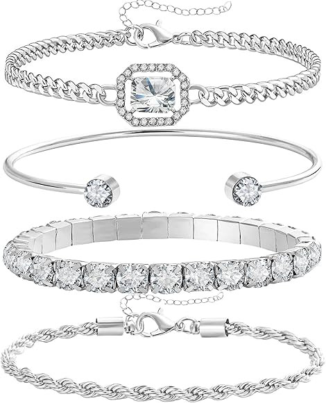 Dainty Gold Silver Bracelets Set for Women Girls 14K Plated Link Cubic Zirconia Paperclip Stake L... | Amazon (US)