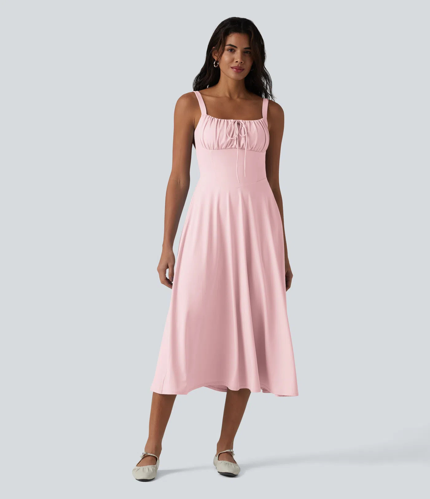 Women’s Crisscross Backless Square Neck Sleeveless Ruched Built-in Bra Midi Resort Flowy Dress ... | HALARA