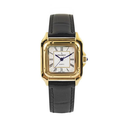 Peugeot Women's 14K Gold-Plated 32mm Tank Shape Black Leather Strap Watch | Target