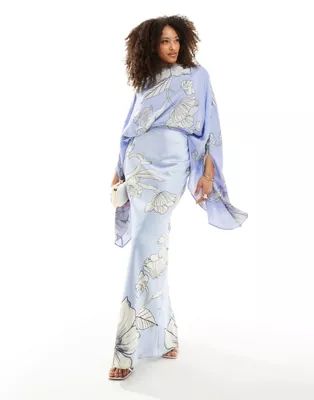 ASOS DESIGN chiffon overlay satin bias cut maxi dress in blue floral print | ASOS (Global)
