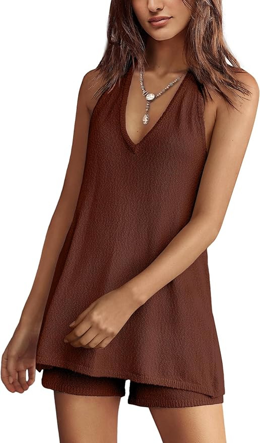 Panadila Womens Summer Two Piece Sets Beach Vacation Outfits Halter Neck Tank Top and Shorts Set ... | Amazon (US)
