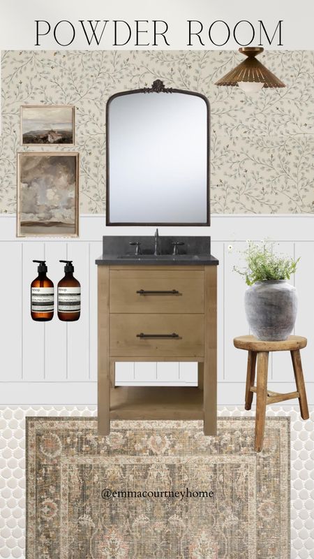 Powder room inspo mood board. Wallpaper. Shiplap. Vanity. Mirror. Semi flush mount light. Rug. Tile. Wayfair. Etsy  

#LTKSeasonal #LTKsalealert #LTKhome