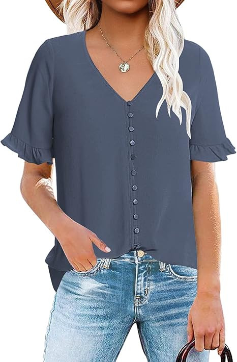 luvamia Women's Casual V Neck Tops Ruffle Short Sleeve Blouses Button Down Shirts | Amazon (US)