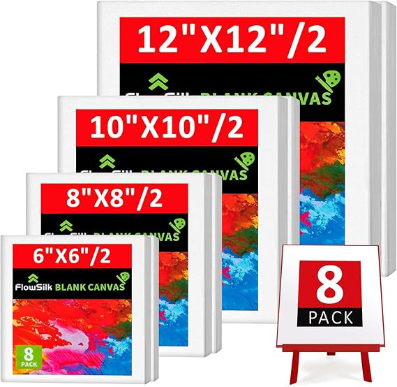 Blank Canvase Boards for Painting, 6x6", 8x8", 10x10" 12x12", 8 Pack 100% Cotton Stretcher Academ... | Amazon (US)
