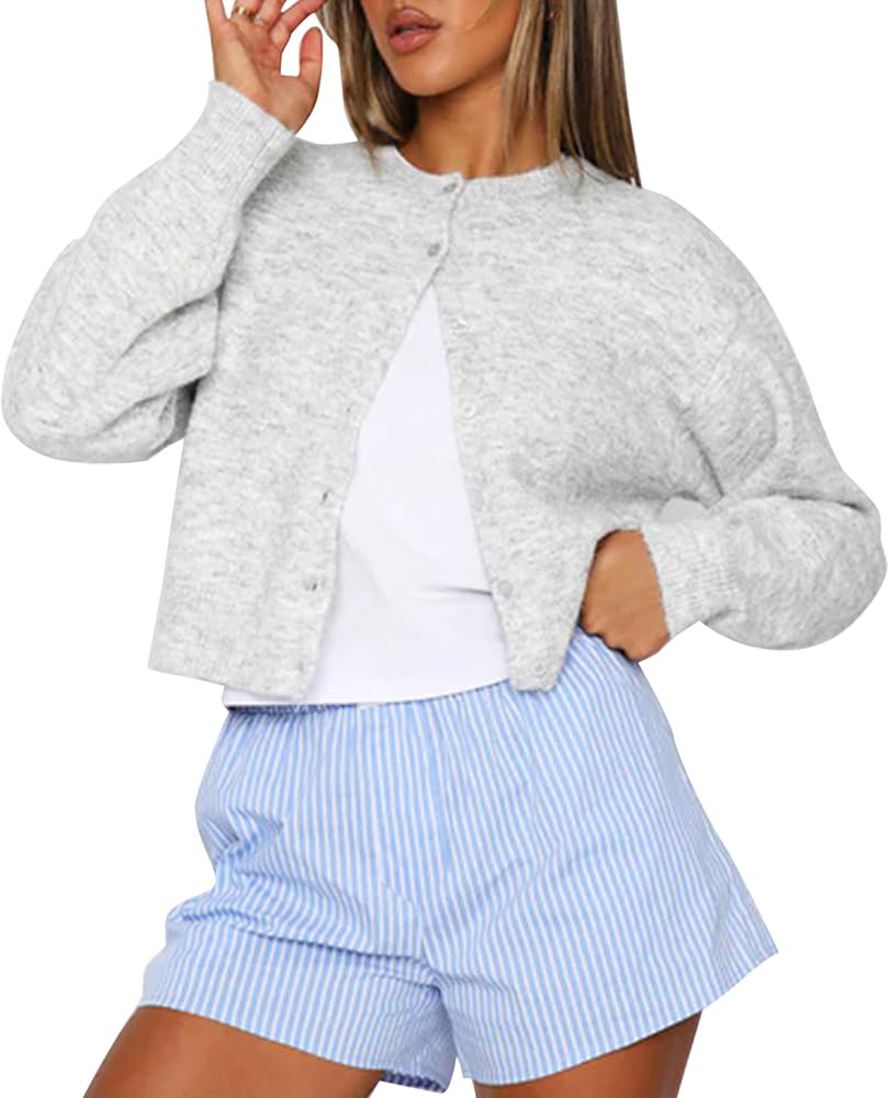 MISSACTIVER Women's Button Down Cropped Cardigan Sweater Solid Open Front Long Sleeve Crewneck Kn... | Amazon (US)