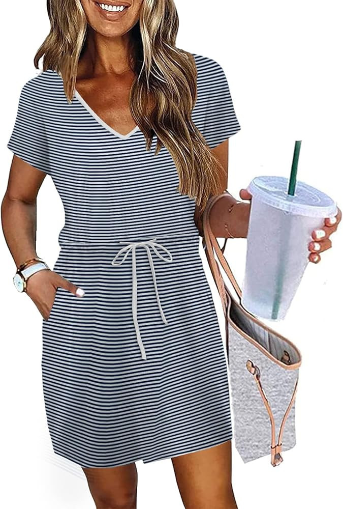 Womens Summer Dresses 2025 Casual Tie Front Short Sleeve A Line Midi Shirt Dress Beach Vacation C... | Amazon (US)