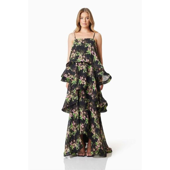 Elliatt Ula Tiered Maxi Dress Black Vacation Brunch wedding Guest Sz S NWT$349 | Poshmark