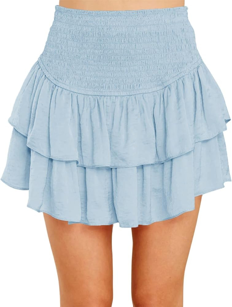 Meikulo Women Smocked Ruffle Mini Skirts Summer High Waisted Tiered Short Skirt with Shorts Under... | Amazon (US)