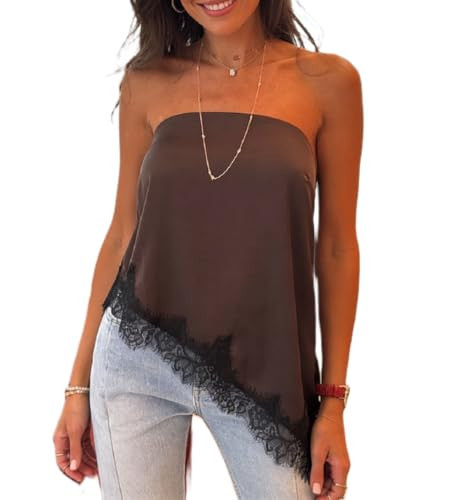 Women Satin Lace Tube Top Silky Strapless Asymmetrical Tops Y2k Off Shoulder Loose Bandeau Shirt Going Out Streetwear B-Brown | Amazon (US)