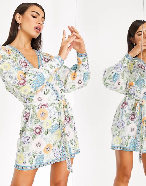 ASOS EDITION light floral embellished wrap mini dress | ASOS (Global)