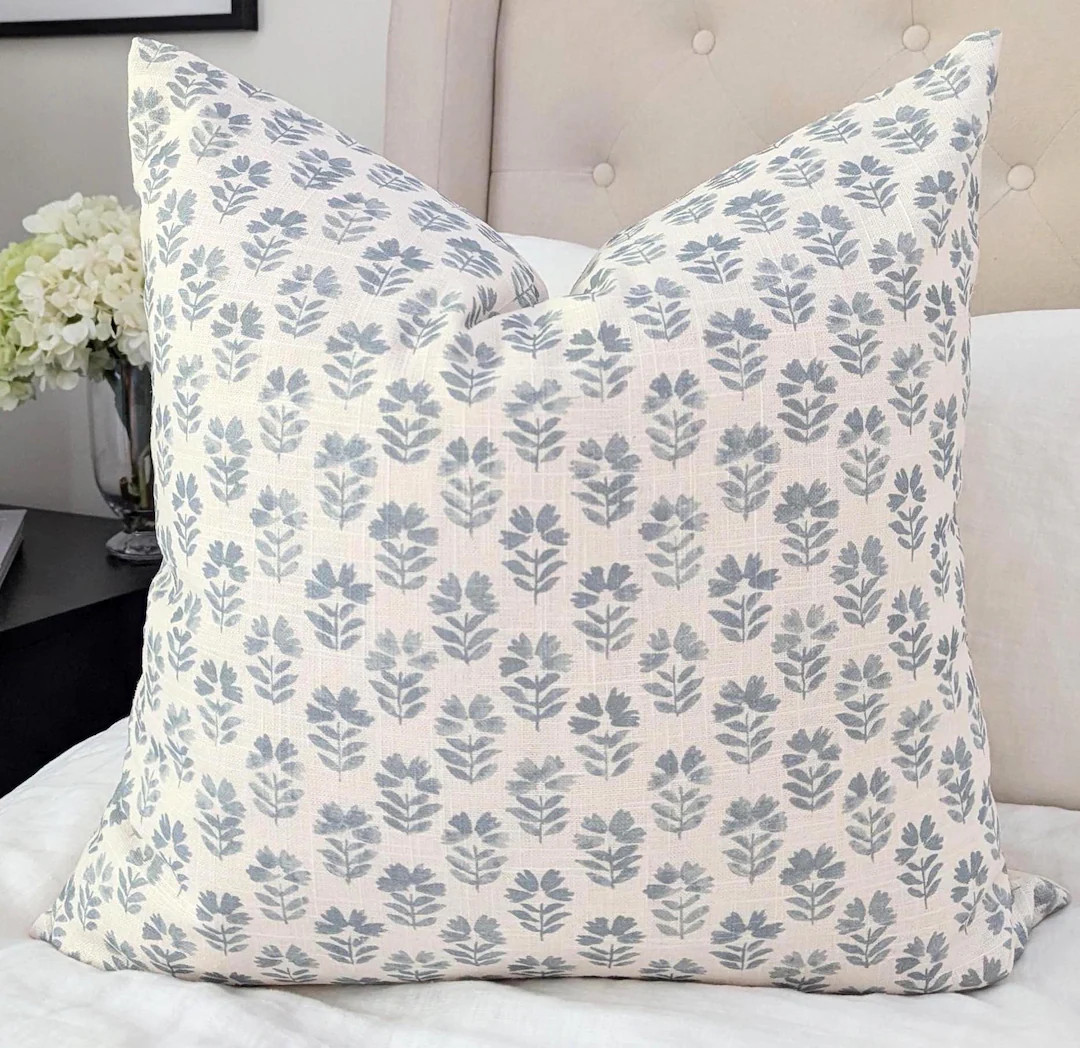 Hampton Style Blue Floral Pillow Cover, Sky Blue and off White Block Print Linen Throw Pillow Cov... | Etsy (US)