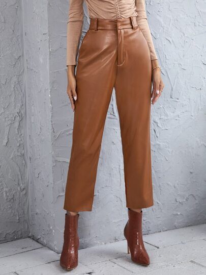 PU Leather Solid Straight Leg Pants | SHEIN