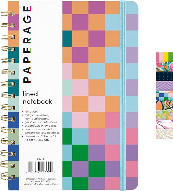 PAPERAGE Lined Spiral Journal Notebook, (Checkered Rainbow), 160 Pages, Hardcover Journal for Wom... | Amazon (US)