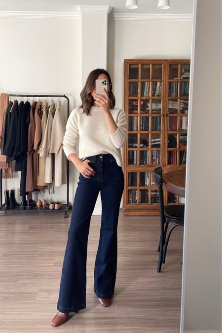Classic / business casual outfit 

Boots - Ann Taylor: on sale 
Jeans - 30% off! Madewell, Love these flare jeans for the office/business casual attire! I size down two - wearing 23 regular 
White sweater - Me + Em, linked similar 

#LTKtravel #LTKunder100 #LTKworkwear