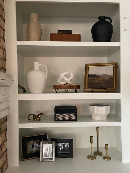 This is a client space that I styled for her using new items incorporated with items she already owned.  

Shelf styling.  Bookcase decor.  Walmart planter.  Black vase.  Terracotta vase.  White jar.  White links.  Target leather decorative box.  Brass candlesticks.  Gold framed art.  

#LTKStyleTip #LTKHome #LTKFindsUnder50