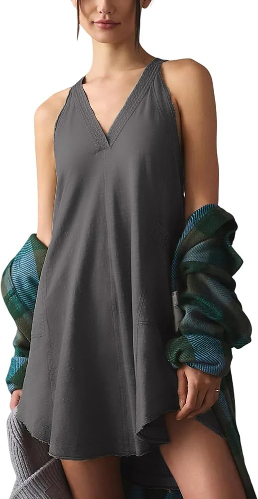 Lentta Women's V-Neck Mini Dress Sleeveless Solid Pullover Dress Casual Loose Round Back Collar S... | Amazon (US)