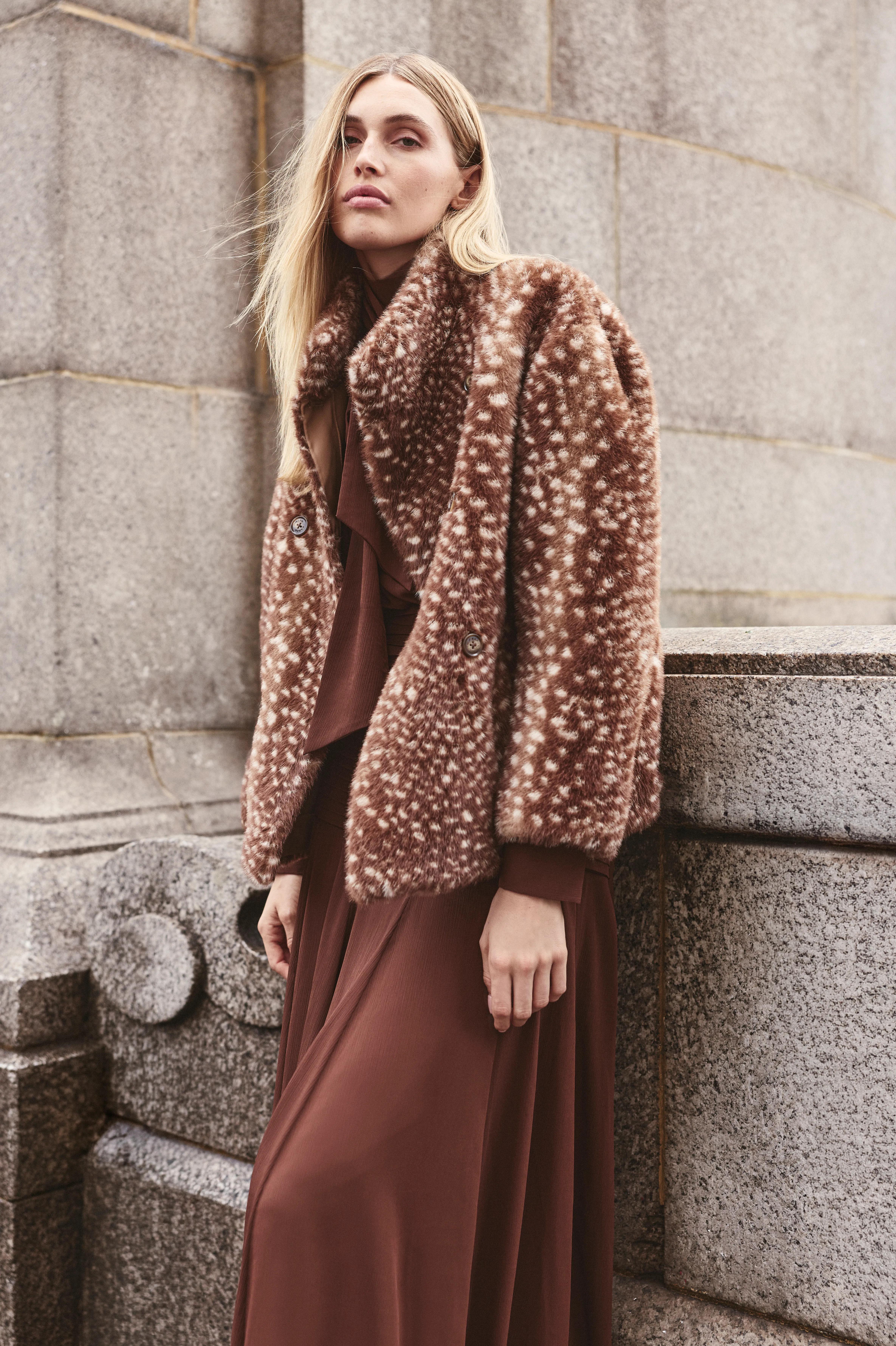 Bambi Print Reversible Bonded Mock Shearling Coat | Karen Millen