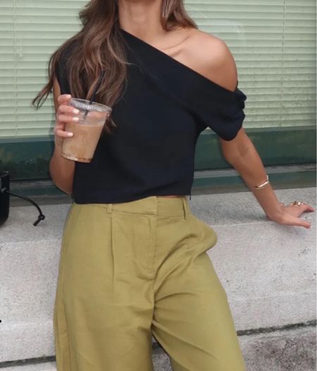 One shoulder top
Green pants
Pants
Pleated pants 

Vacation outfit
Date night outfit
Summer outfit
#Itkseasonal
#Itkover40
#Itku
#LTKFindsUnder100 #LTKFindsUnder50
