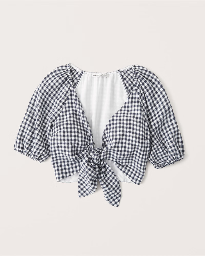 Women's Cropped Tie-Front Linen Blend Top | Women's Clearance | Abercrombie.com | Abercrombie & Fitch (US)