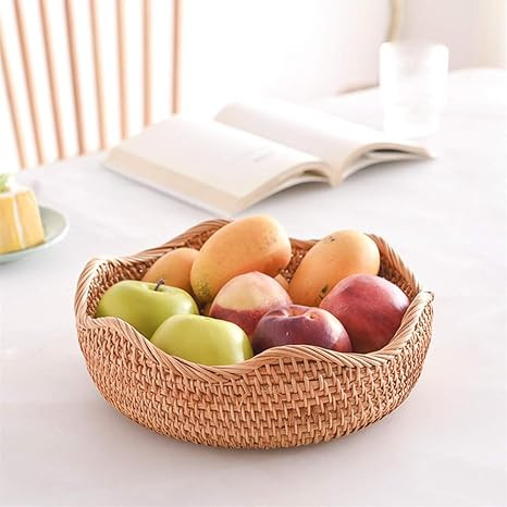AMOLOLO Handmade Rattan Round Fruit Basket Food Storage Bowls Kitchen Organizer Snack Serving Bow... | Amazon (US)