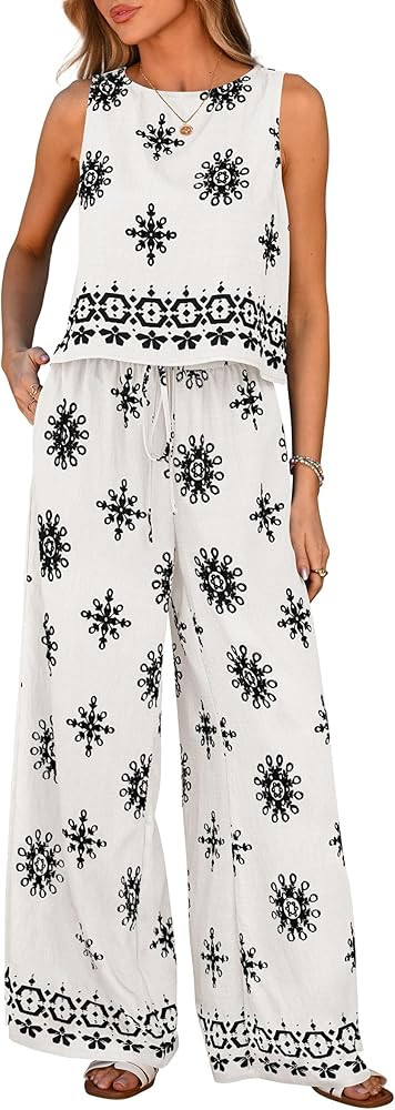 PRETTYGARDEN Women's 2026 Summer 2 Piece Lounge Sets Boho Floral Tank Tops Flowy Wide Leg Pants T... | Amazon (US)