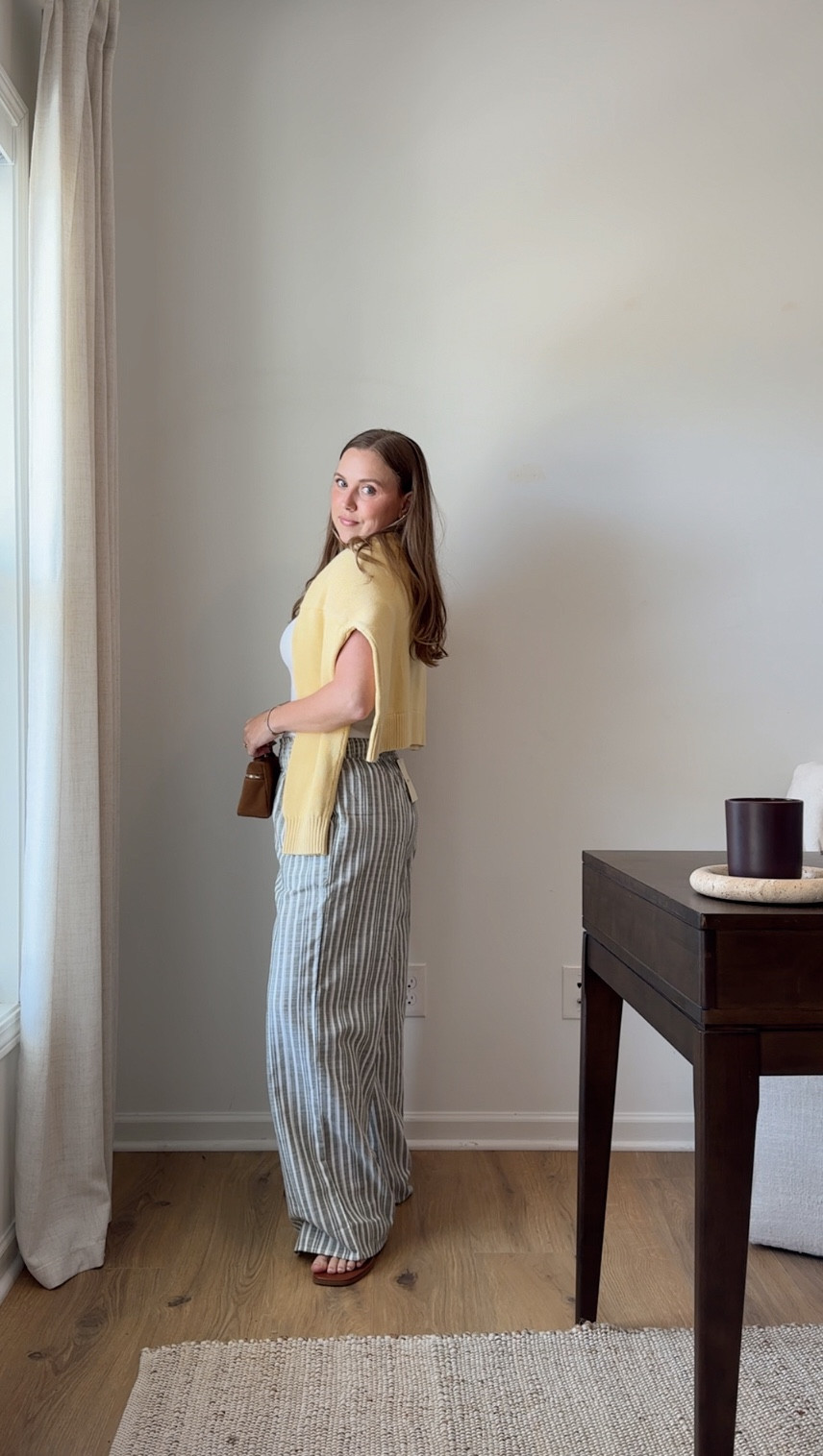Bohme try on haul! wearing a small in the striped wide leg pants and the ribbed white tshirt. butter yellow gap crewneck is a medium! 

 

 #LTKootd #LTKmomlife #LTKPetite