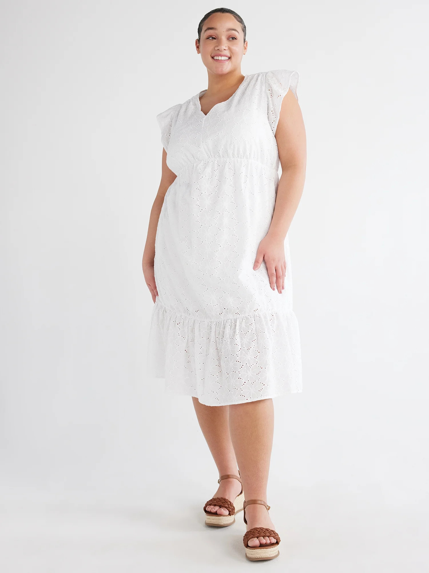 Time and Tru Women's Floral Eyelet Dress with Flutter Sleeves, Sizes XS-4X | Walmart (US)