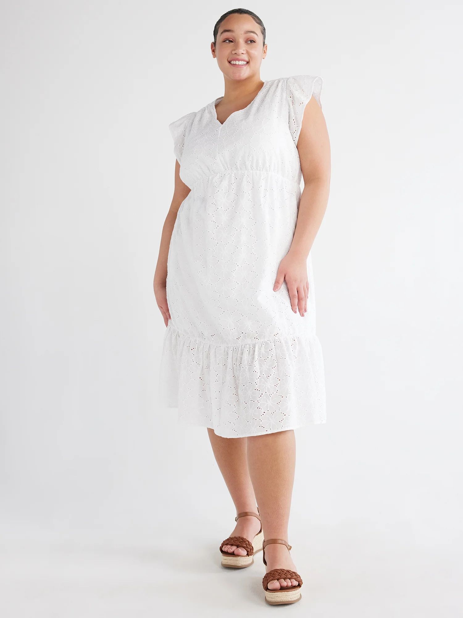 Time and Tru Women's Floral Eyelet Dress with Flutter Sleeves, Sizes XS-4X - Walmart.com | Walmart (US)