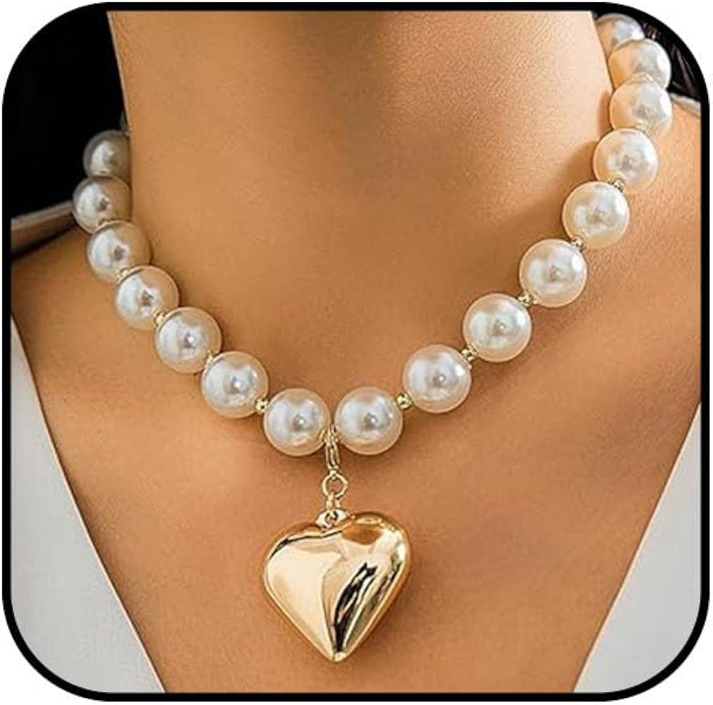 Chunky Heart Necklace for Women Gold/Silver Heart Pendant Necklace Y2K Big Pearl Pendant Necklace... | Amazon (US)