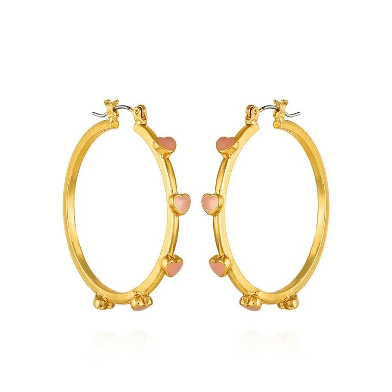 Time and Tru Women's Gold Tone Thin Hoops with Pink Heart Stations - Walmart.com | Walmart (US)