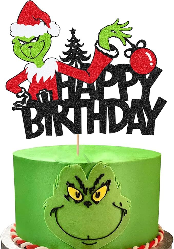 Green Happy Birthday Cake Topper for Grinch Merry Christmas Birthday Themed Santa Cake Decoration... | Amazon (US)