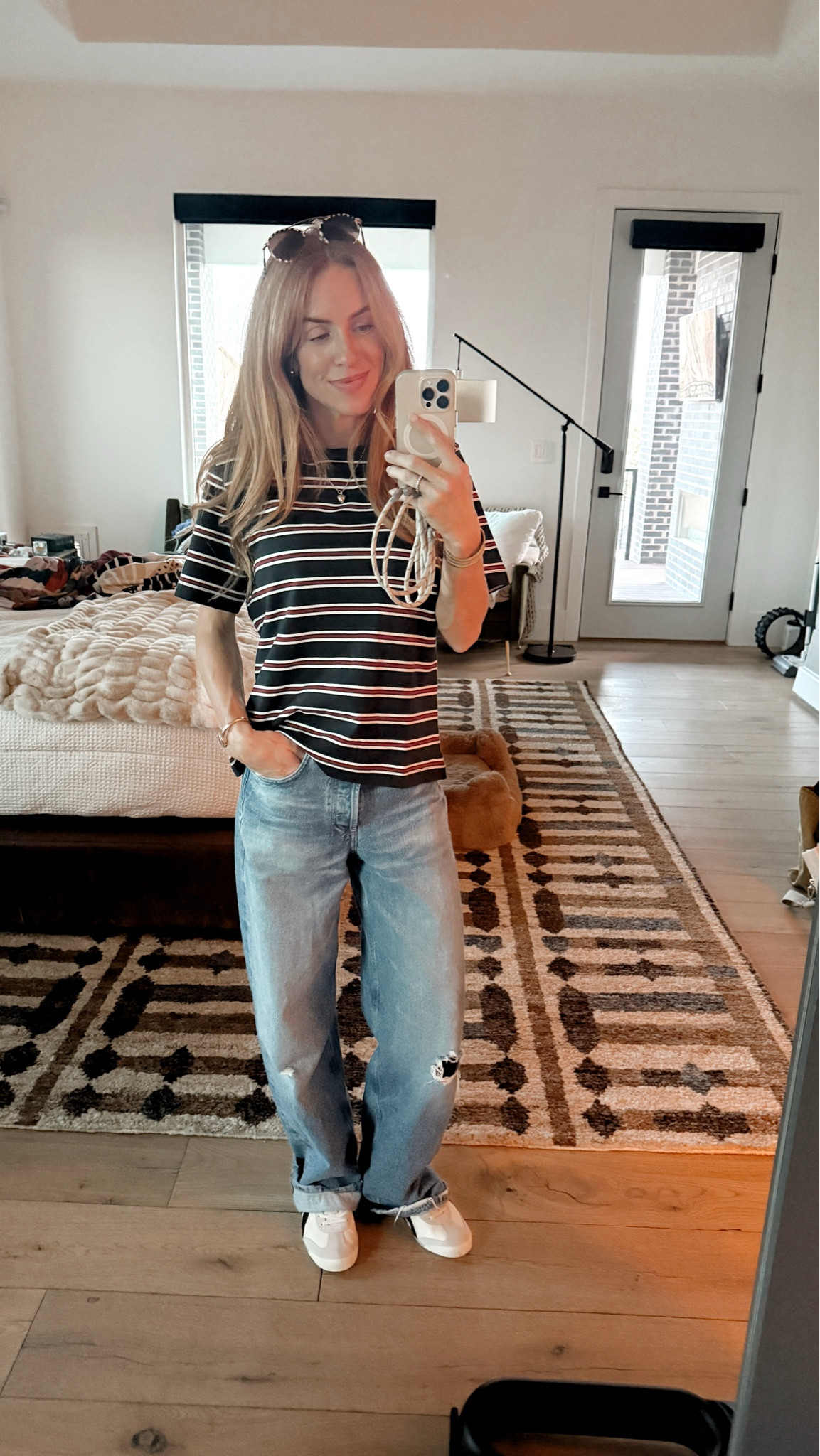 Wearing a medium in the shirt and I’m sized down in the jeans! 

Onitsuka tiger, aritzia, striped shirt, citizens of humanity