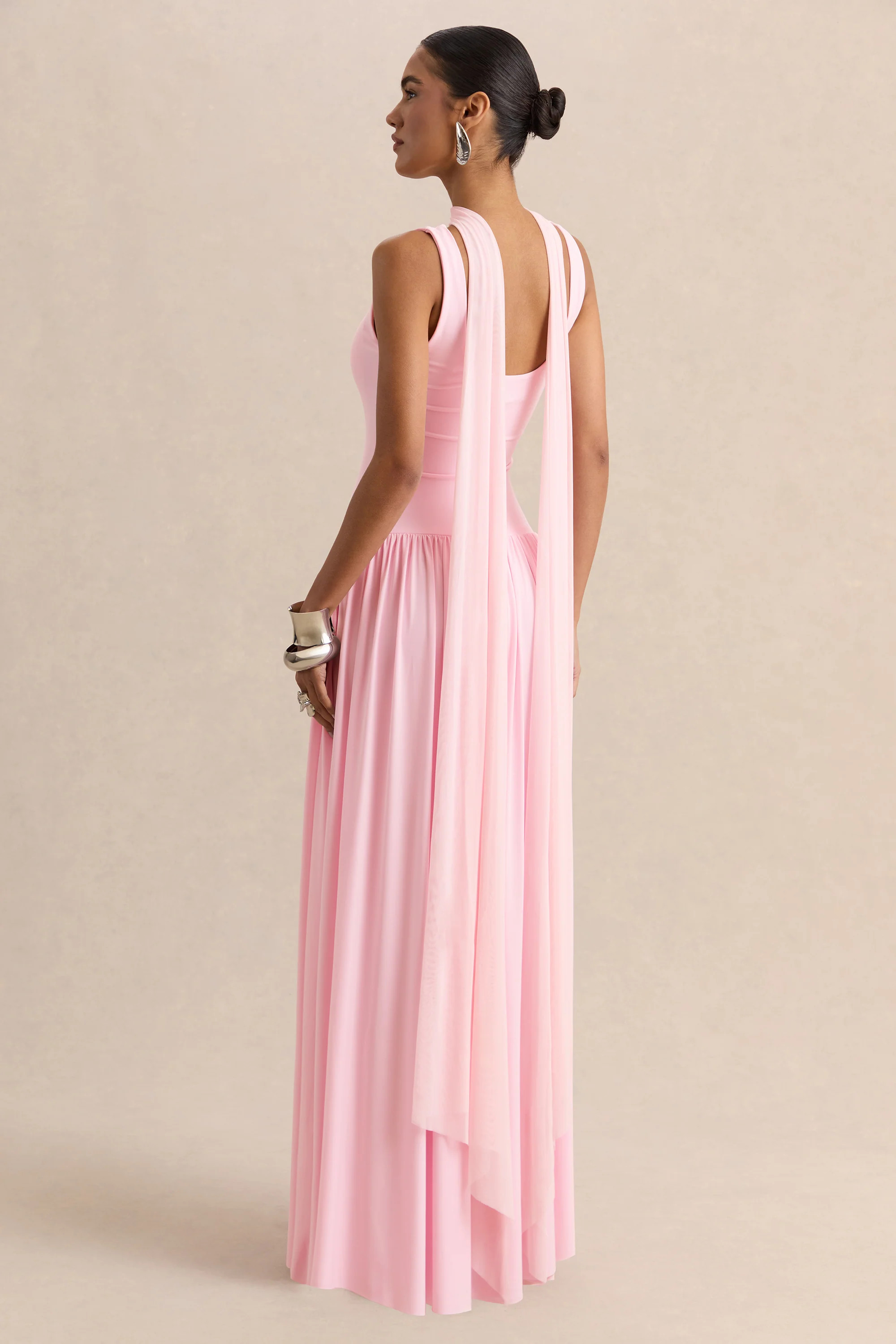 Aurina | Pink Square-Neck Maxi Dress With Cape | Club L London