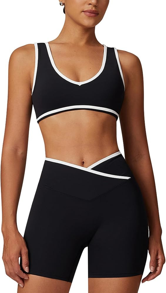 ABOCIW Workout Sets for Women Color Block Sports Bra Crossover Waist Shorts 2 Piece Gym Yoga Pila... | Amazon (US)