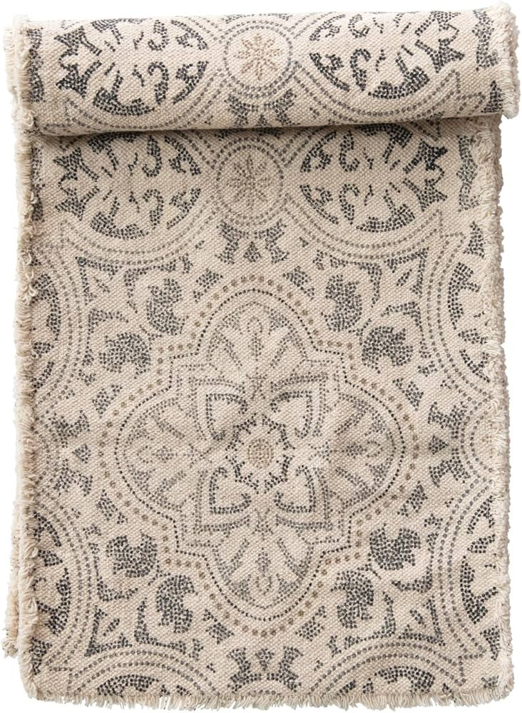 Bloomingville Grey and Cream Cotton Printed Table Frayed Edge Runner | Amazon (US)