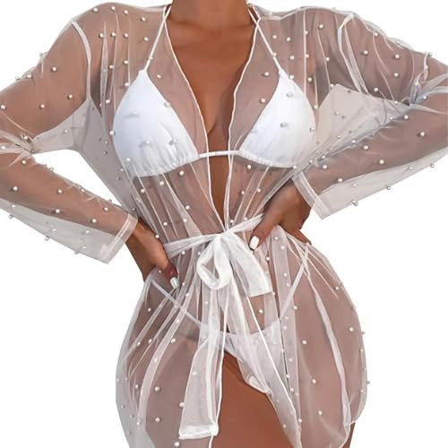 Pearl Bathing Suit Cover Up - Pearl Cover Up, Pearls Sheer Mesh Beach Cover Ups, Bridal Bathing Suit, Bride Swimsuit Pearl Mesh Sleeves, White Sarong Bride Swimwear, Swimsuit Coverup for Women | Amazon (US)